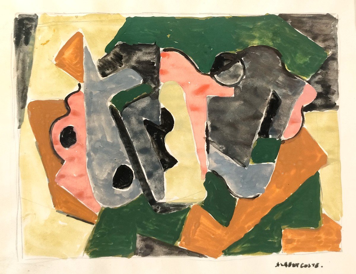 A. Coste (1896-1985), Composition Abstraite, Aquarelle Et Encre Sur Papier, Signée à Droite.