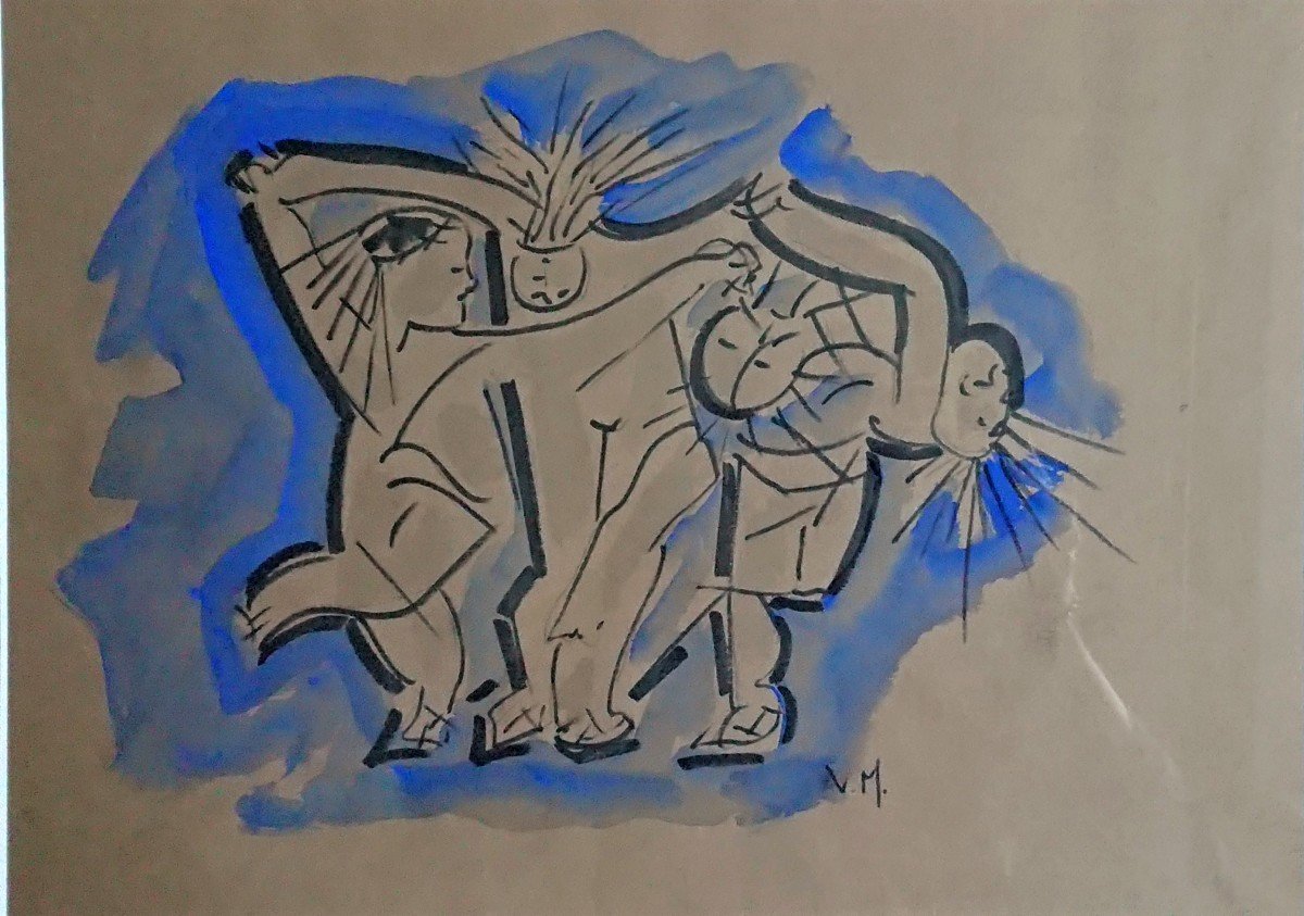 Milo Vojic (1923-2004), La Danse, Encre Et Aquarelle Sur Papier, Signée Mv, Encadrée