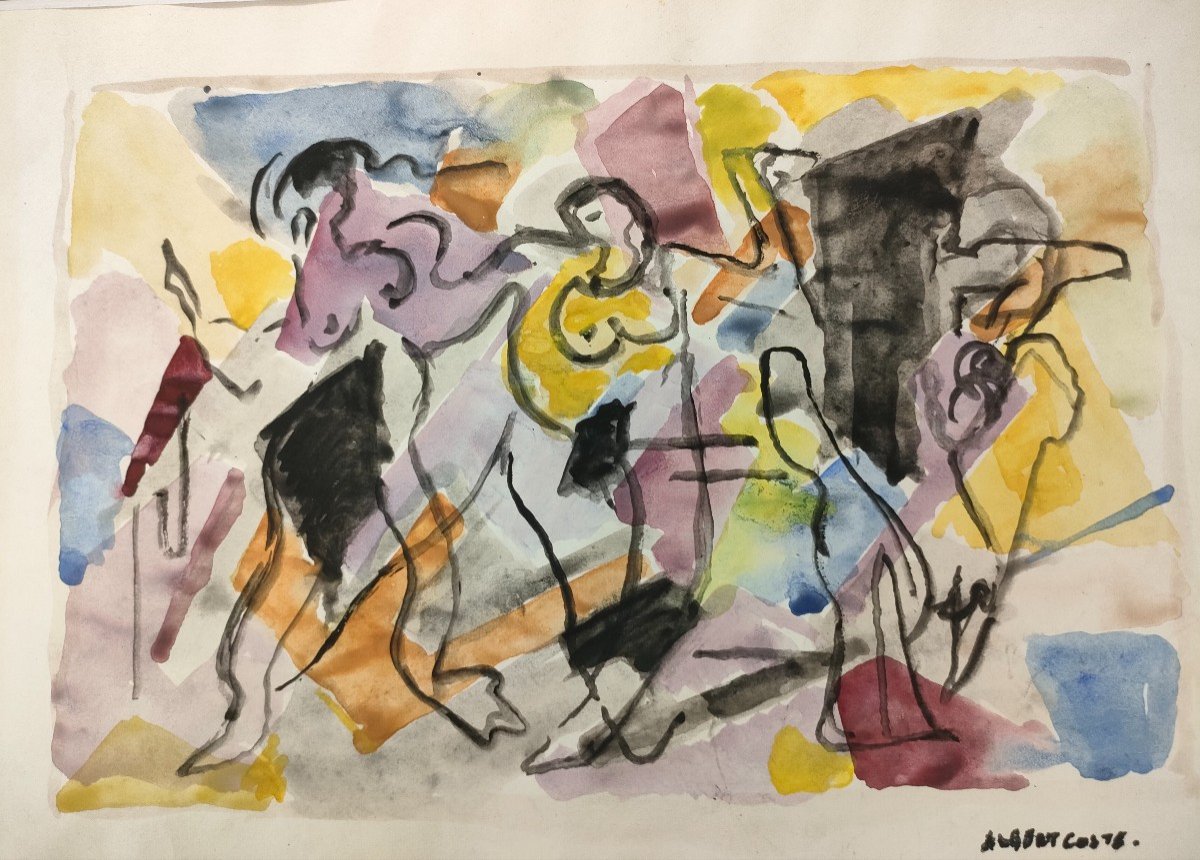 Albert Coste (1895-1985),  Abstraction,  Gouache Et Encre Signée à Droite, 56, Encadrée.