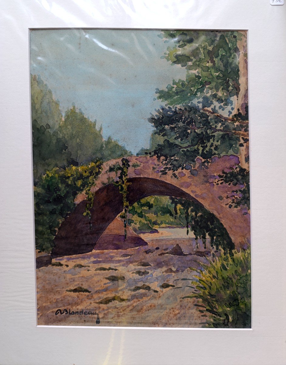 Blondeau (xxème), Le vieux Pont, Aquarelle Sur Papier, Quelques Rousseurs, Signée à gauche.-photo-3