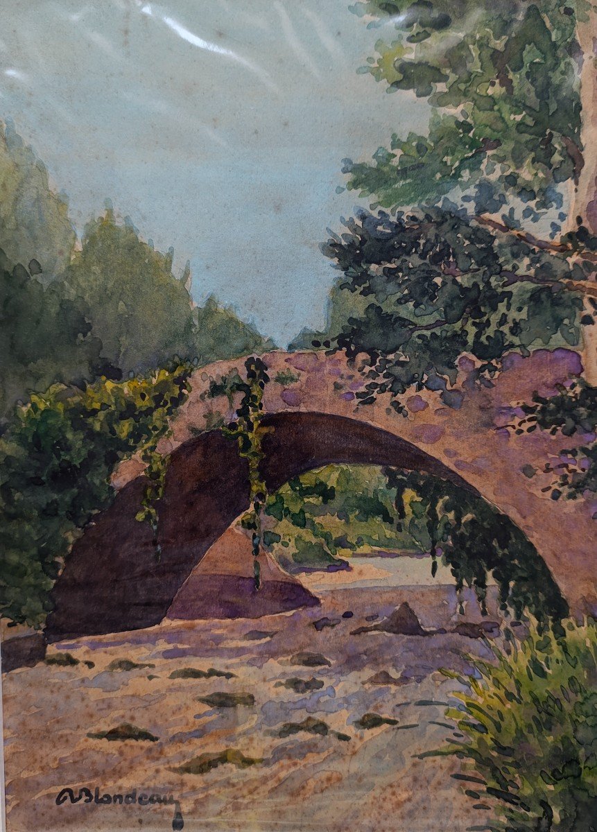 Blondeau (xxème), Le vieux Pont, Aquarelle Sur Papier, Quelques Rousseurs, Signée à gauche.