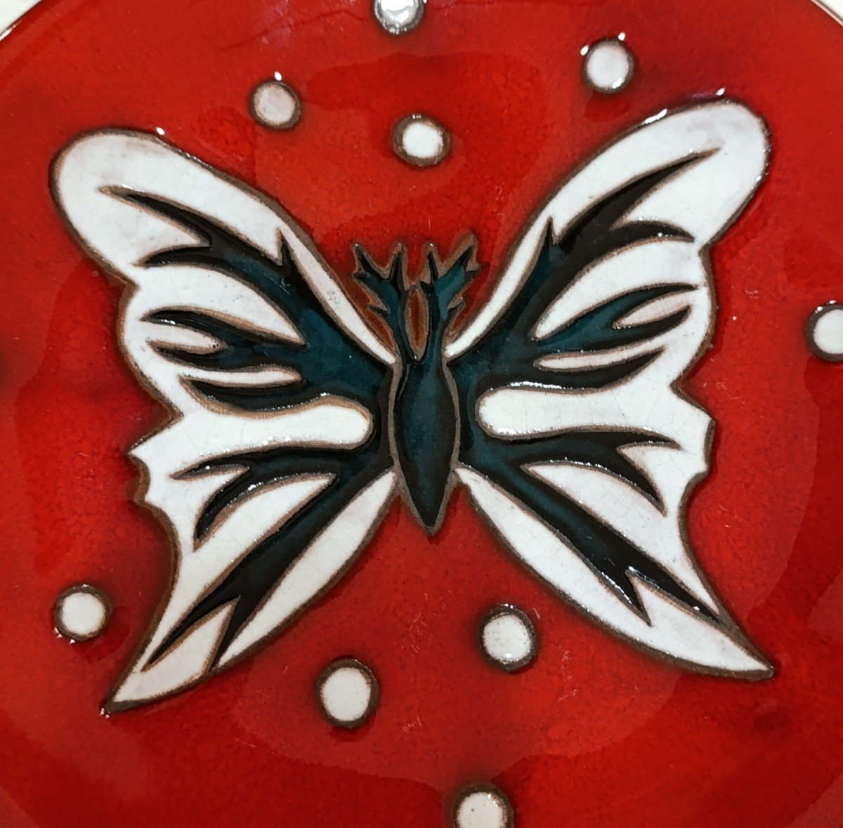 Jean Picart Le Doux (1902-1982) Red Ceramic Plate, With Butterfly, Sant Vicens, Signed-photo-2