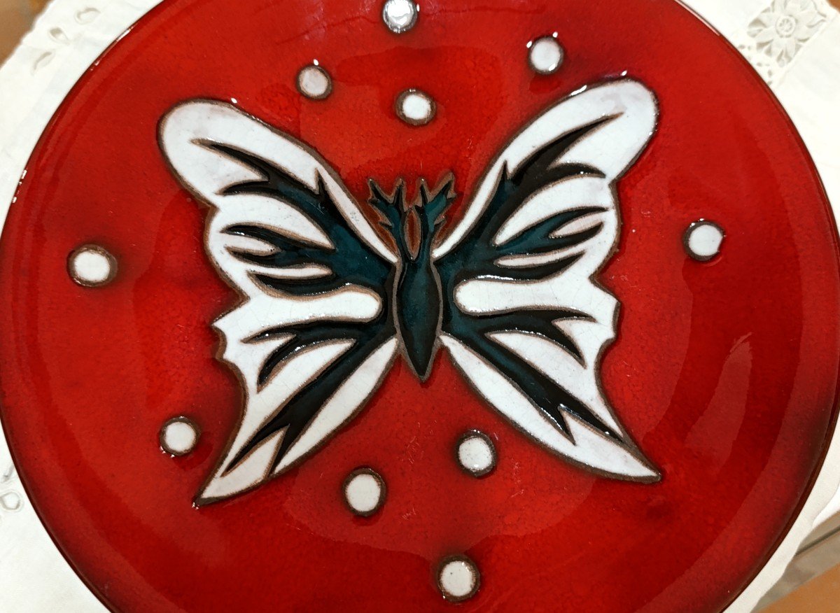 Jean Picart Le Doux (1902-1982) Red Ceramic Plate, With Butterfly, Sant Vicens, Signed-photo-3