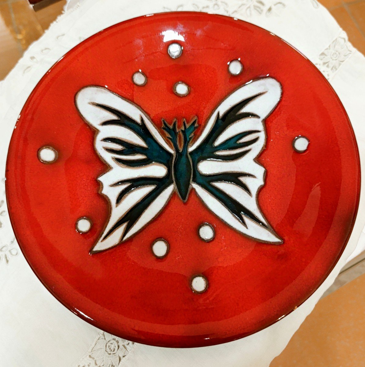 Jean Picart Le Doux (1902-1982) Red Ceramic Plate, With Butterfly, Sant Vicens, Signed