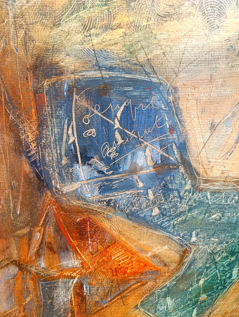 Modern Provençal School (20th Century), Composition With Lines, Oil On Cardboard, Framed-photo-2