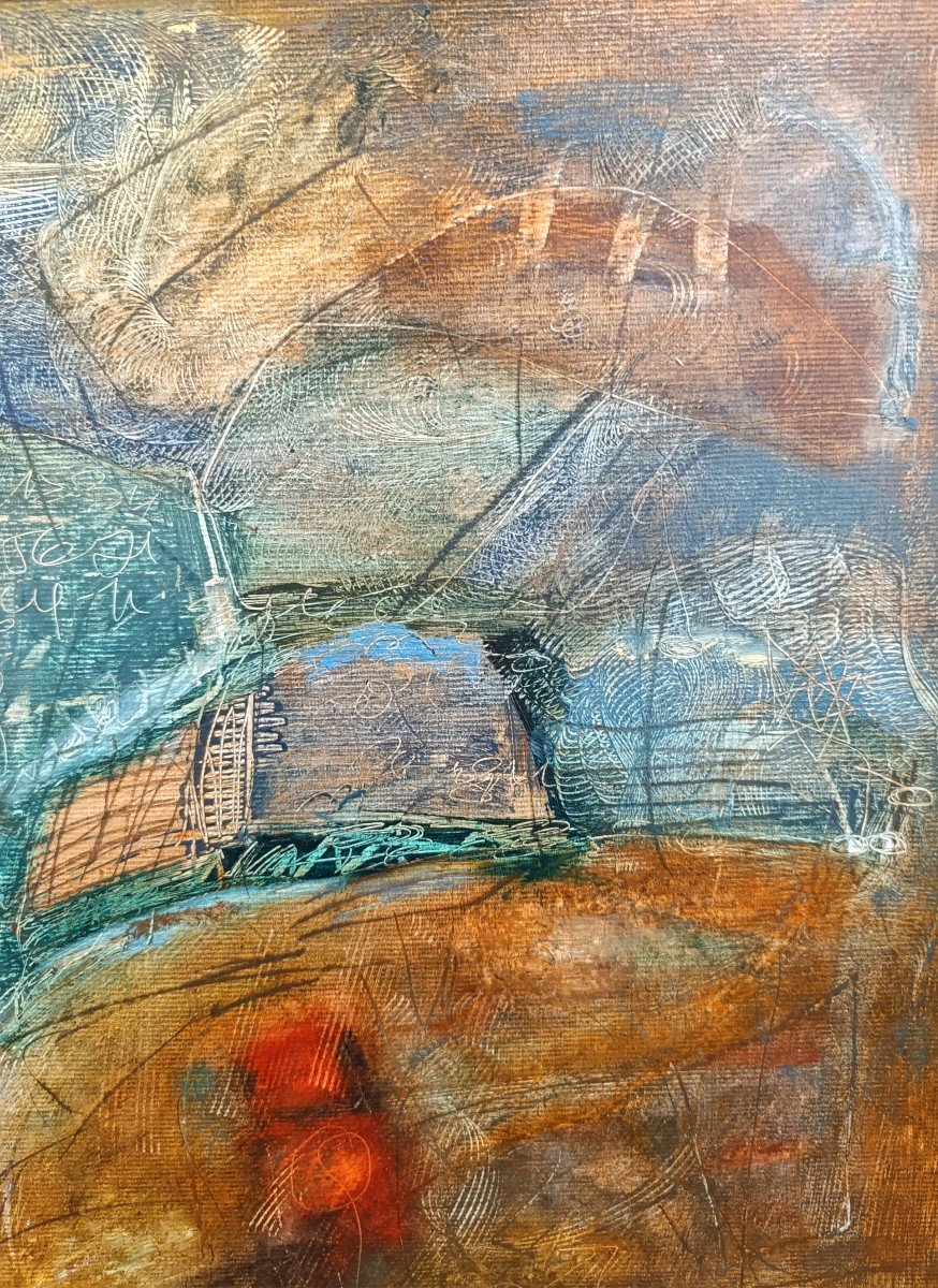 Modern Provençal School (20th Century), Composition With Lines, Oil On Cardboard, Framed-photo-4