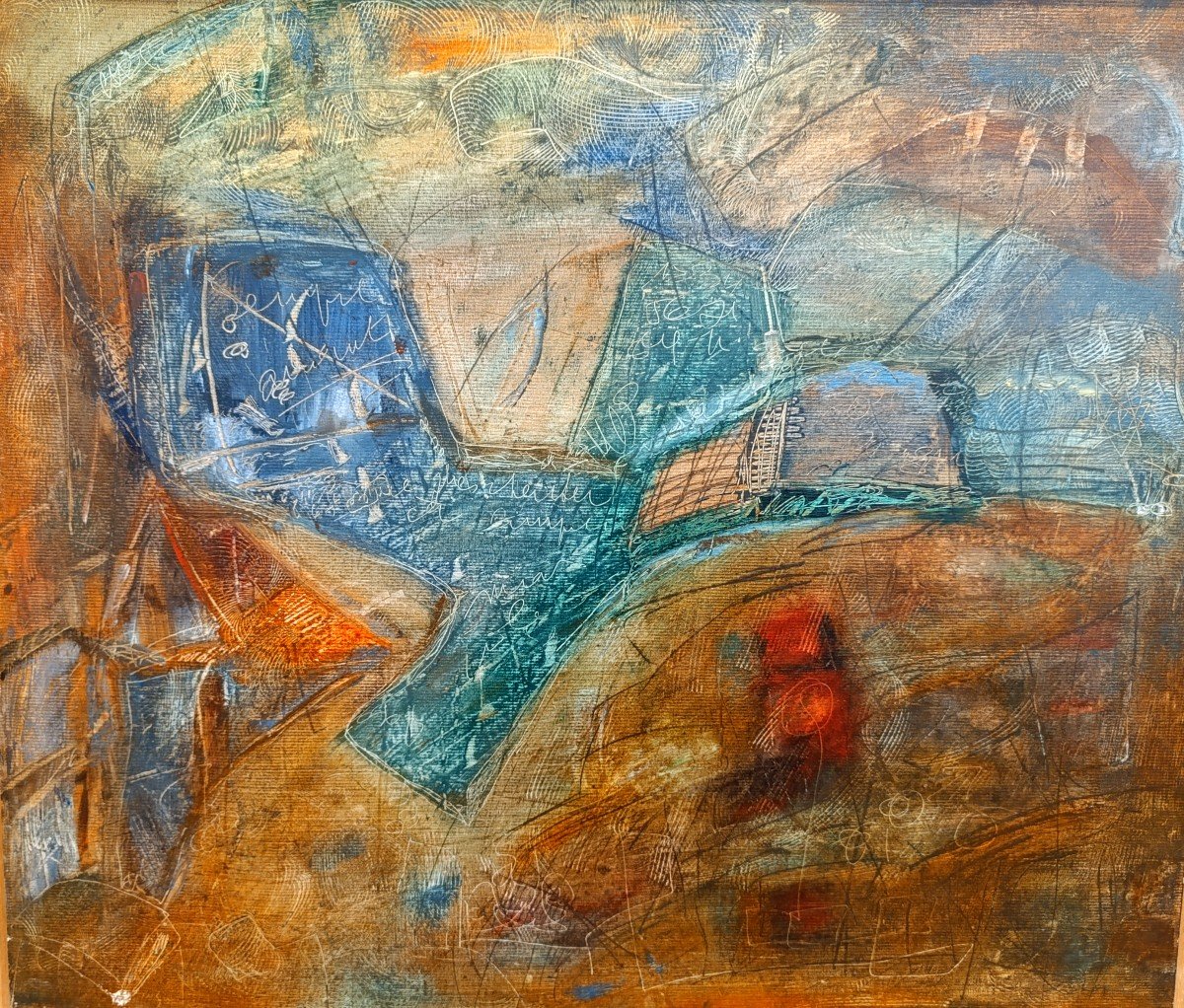 Modern Provençal School (20th Century), Composition With Lines, Oil On Cardboard, Framed