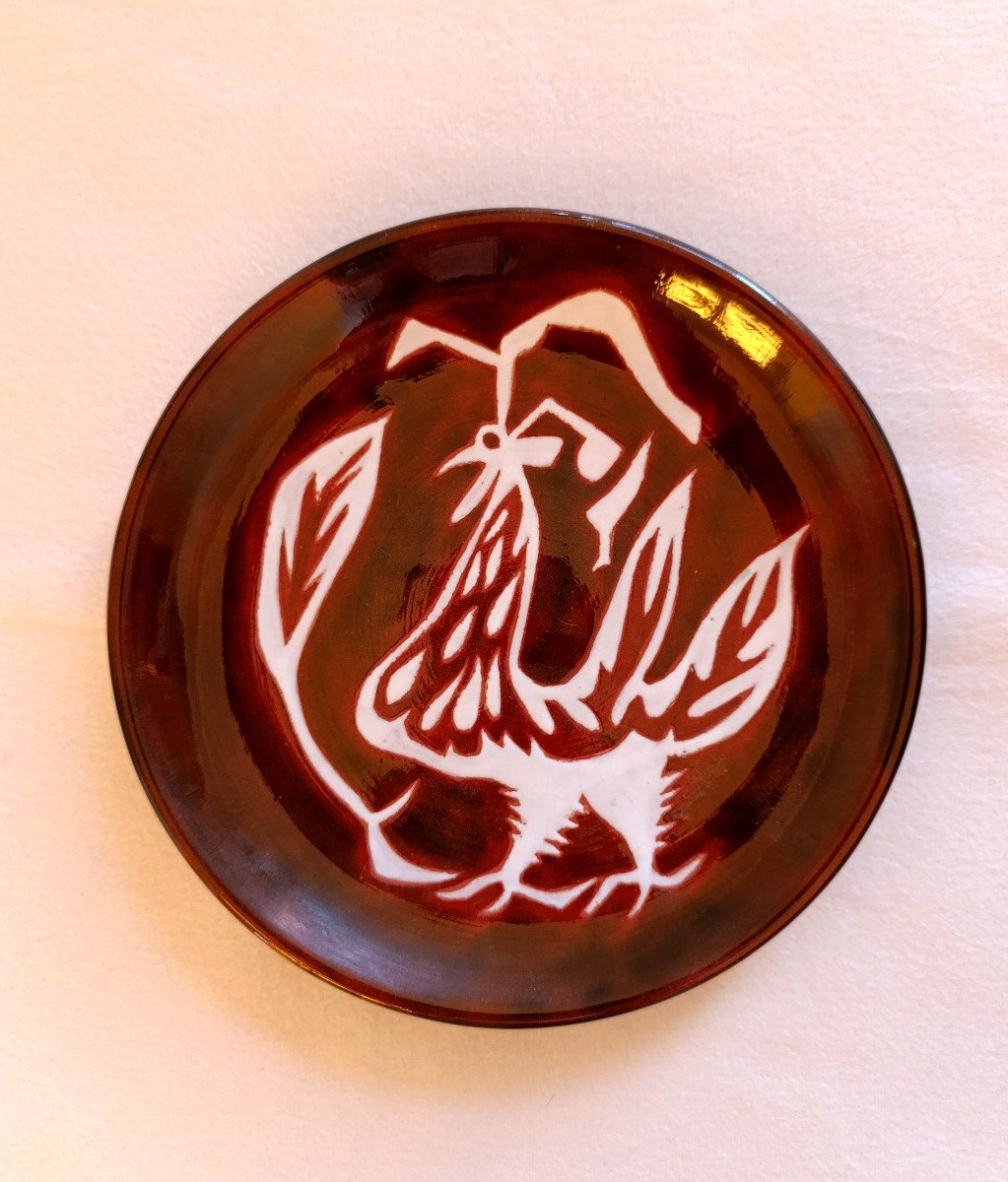 Jean Lurçat (1892-1966), Plate E, Ceramic With Rooster Decor, Signed On The Back, Sant Vicens