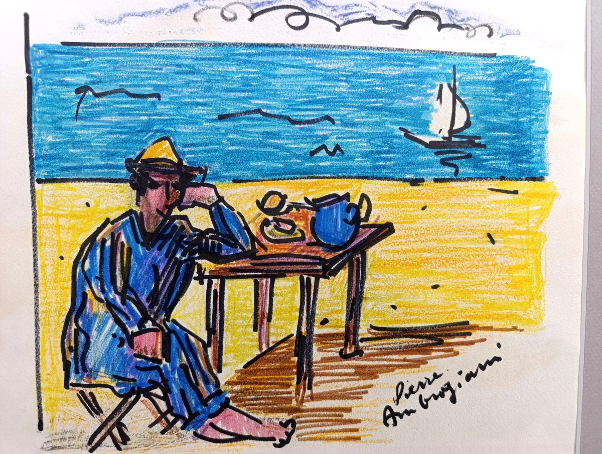 Pierre Ambrogiani (1907-1985), The Seaside, Felt-tip Pen On Paper, -photo-2