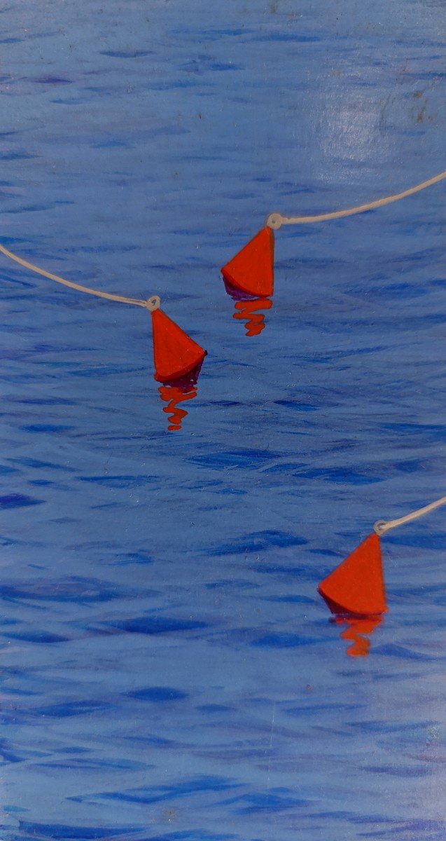 Hubert Aicardi (1922-1991), The Buoys At Sea, Oil On Panel Signed On The Right, Framed-photo-3