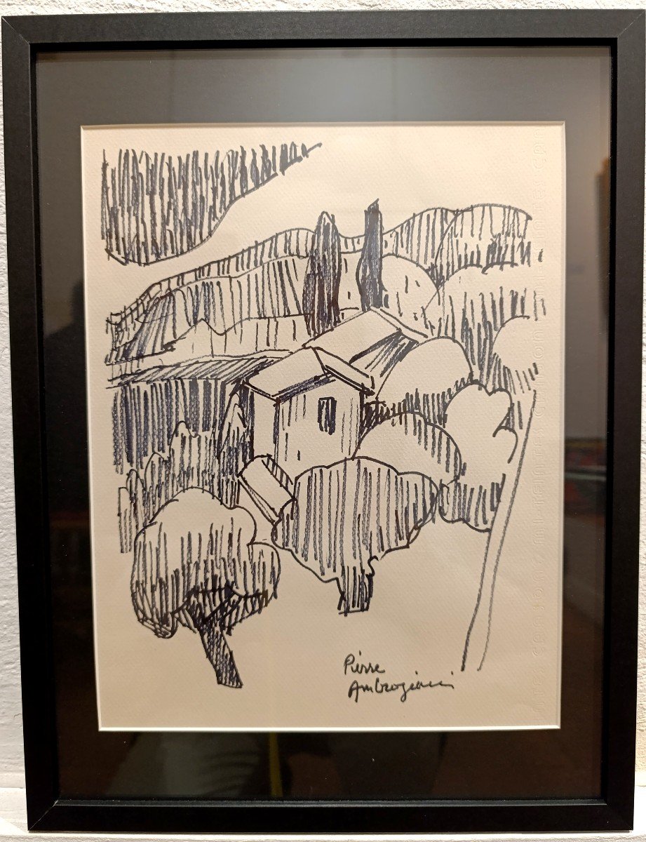 P. Ambrogiani (1907-1985), Paysage De Provence, Dessin Au Feutre Sur Papier, Signé à Droite-photo-3