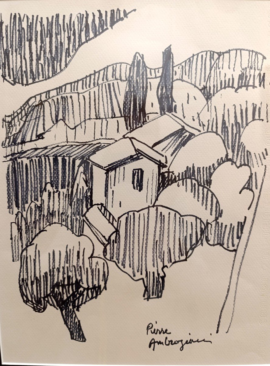 P. Ambrogiani (1907-1985), Paysage De Provence, Dessin Au Feutre Sur Papier, Signé à Droite