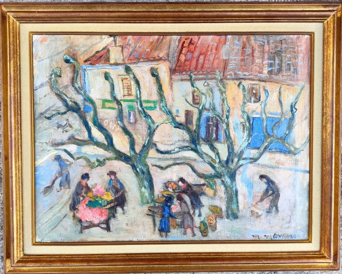 Manceron (20th Century), The Provence Market In Winter, Oil On Canvas Signed-photo-2