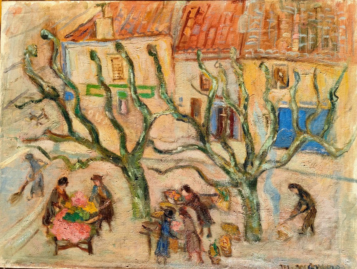 Manceron (20th Century), The Provence Market In Winter, Oil On Canvas Signed