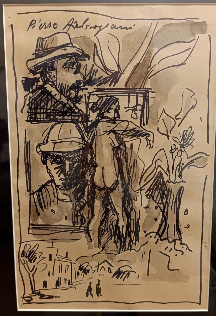 Pierre Ambrogiani (1907-1985), Nu Et Homme Au Chapeau, Encre Et Lavis Signé à Gauche.