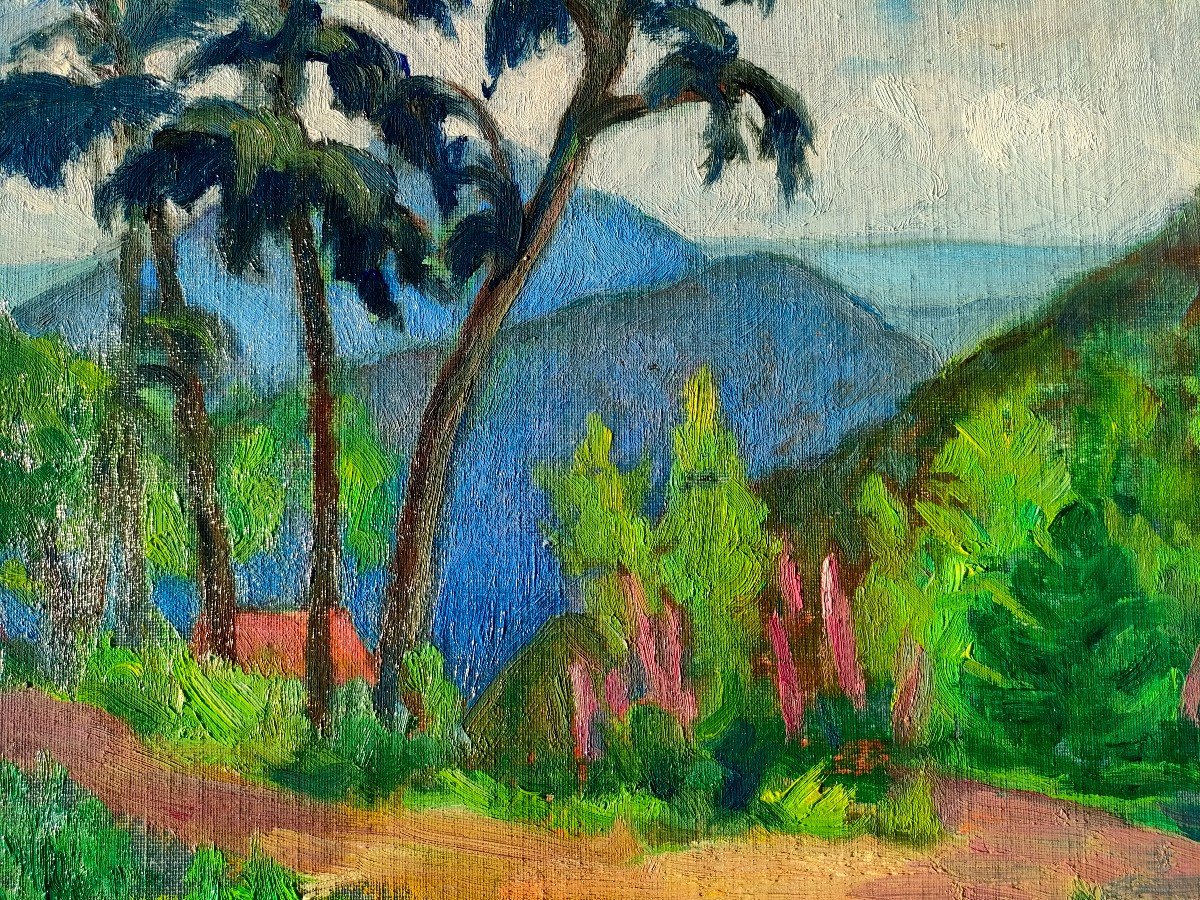 Ecole Française XXème, Paysage Exotique, Huile Sur Carton -photo-1