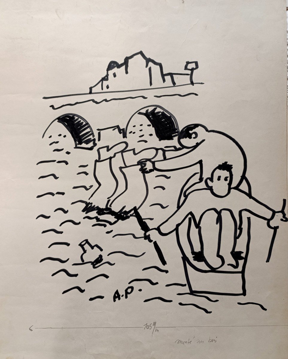 Pierre Ambrogiani (1907-1985), The Drowned Man Of The Valley, Felt-tip Drawing On Paper, Signed-photo-1