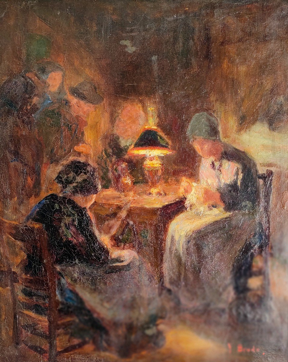 Yvonne Brudo (20th Century), The Evening, Oil On Canvas Signed On The Left, Circa 1930-photo-1