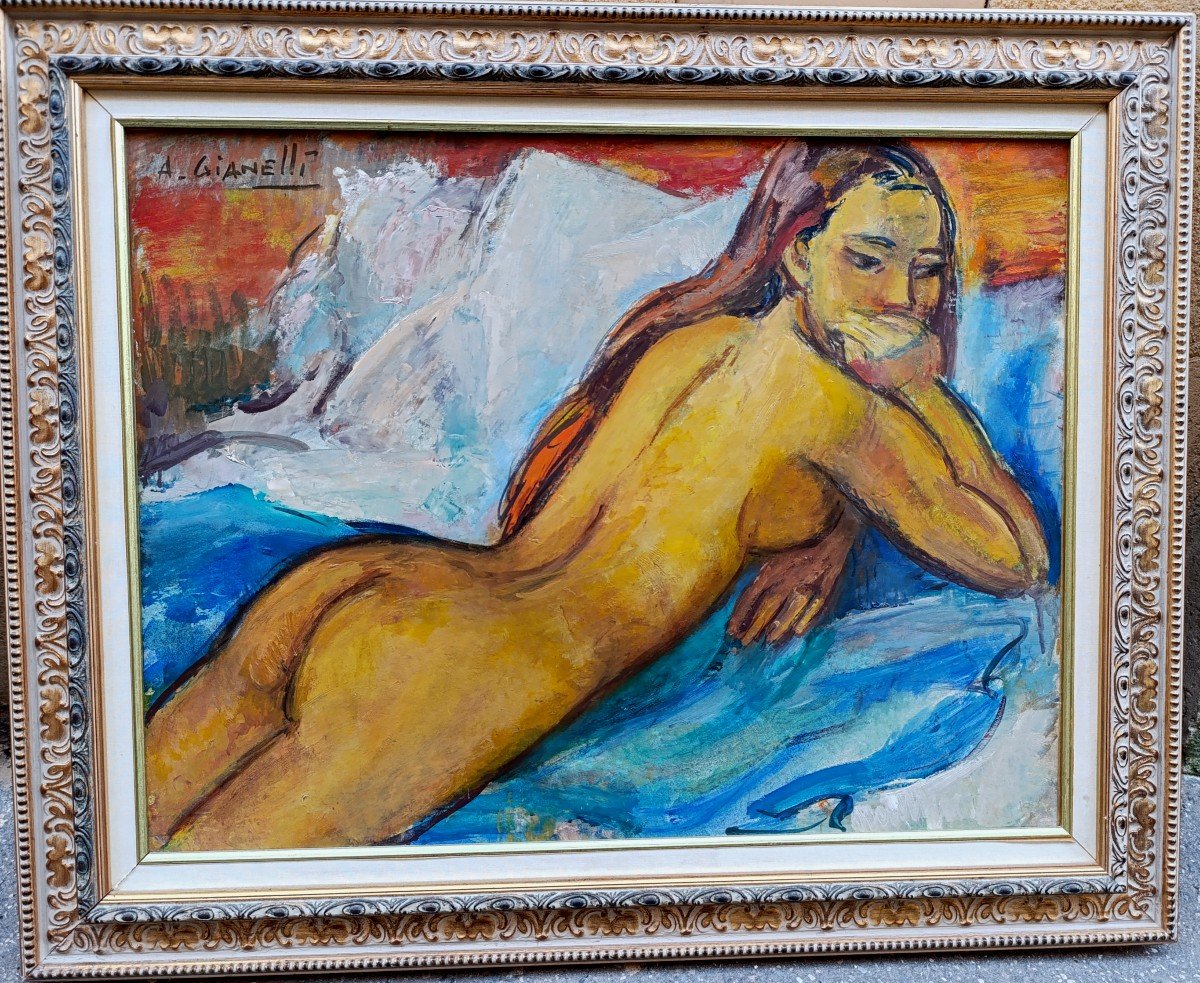 A. Gianelli (1896-1983), Reclining Nude, Oil On Panel Signed Left, Framed-photo-3