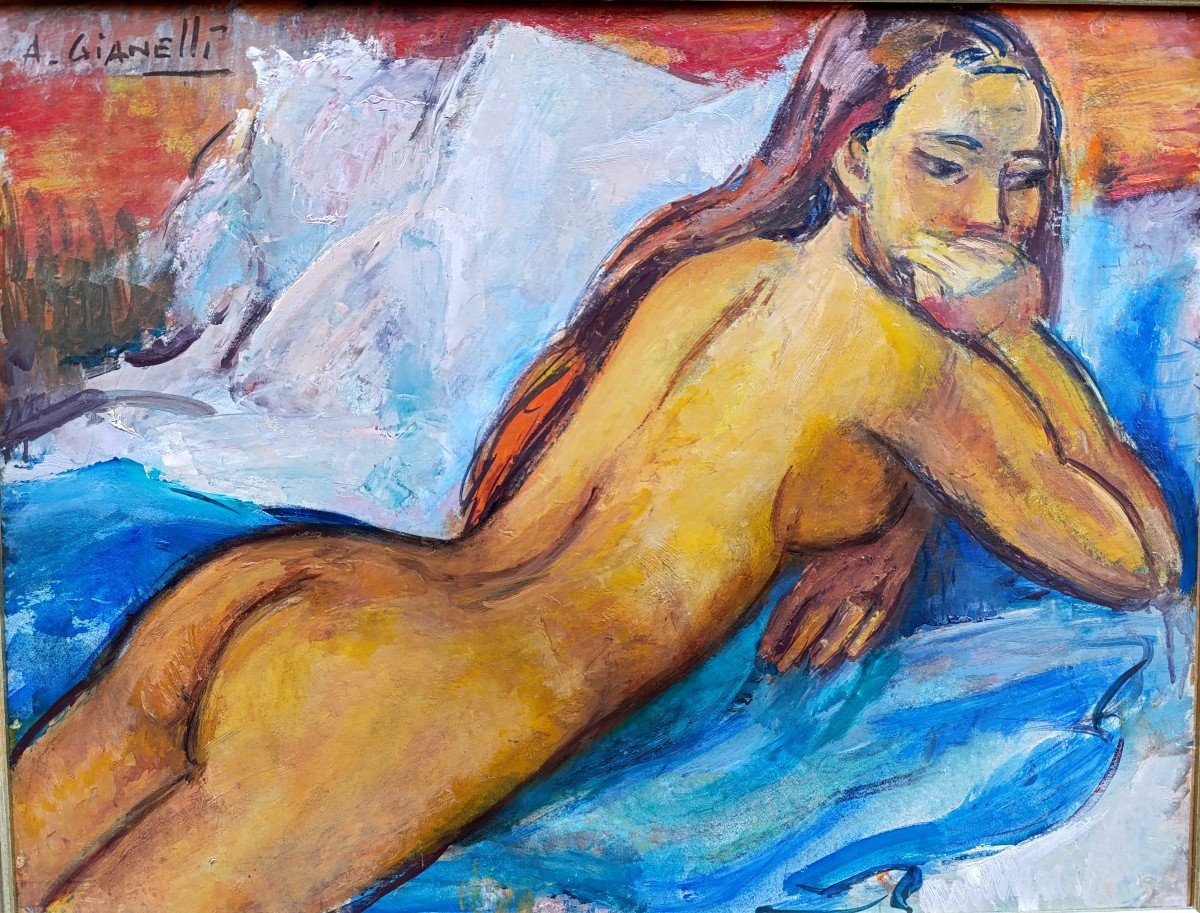 A. Gianelli (1896-1983), Reclining Nude, Oil On Panel Signed Left, Framed