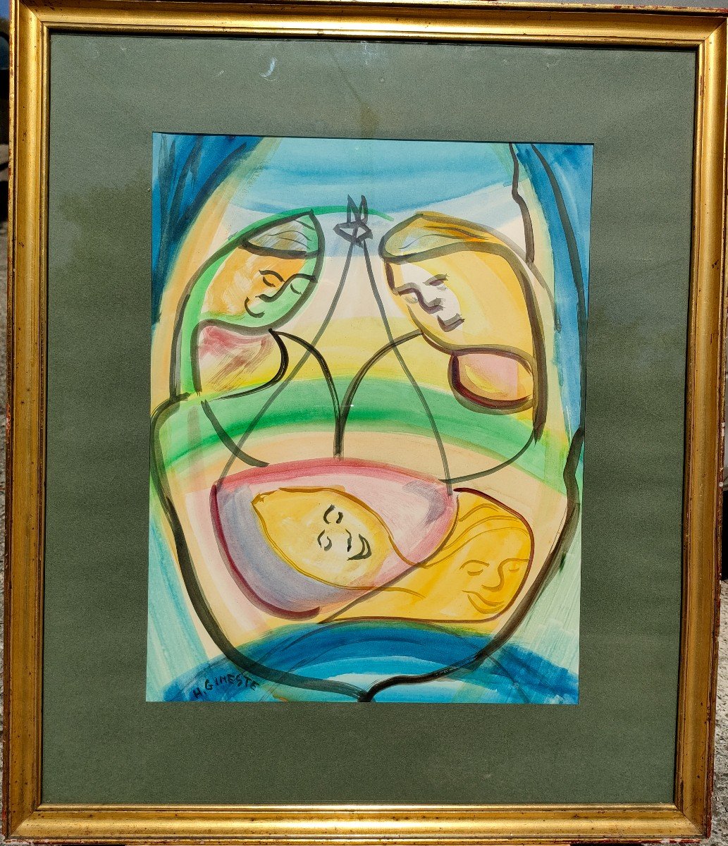 H. Gineste (20th Century), The Birth, Watercolor And Ink On Paper, Signed, Framed-photo-4