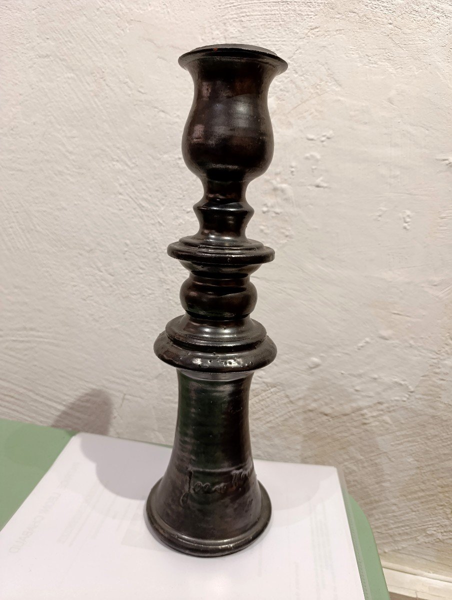 Jean Marais (1913-1998), Large Black Ceramic Candlestick, Signed On The Base At The Bottom-photo-3