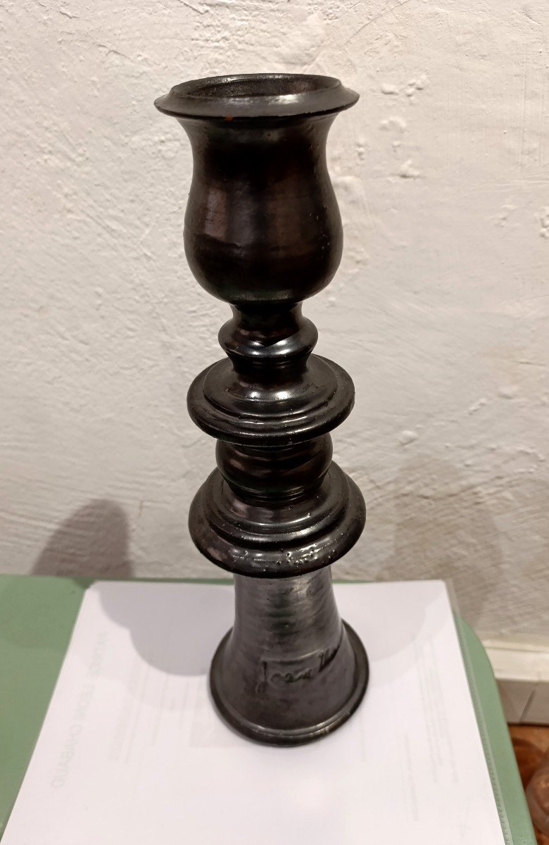 Jean Marais (1913-1998), Large Black Ceramic Candlestick, Signed On The Base At The Bottom-photo-2