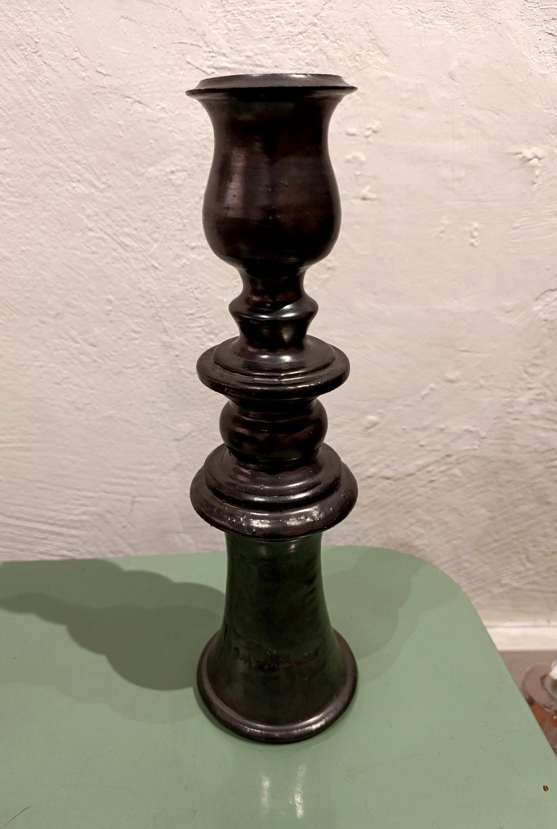 Jean Marais (1913-1998), Large Black Ceramic Candlestick, Signed On The Base At The Bottom