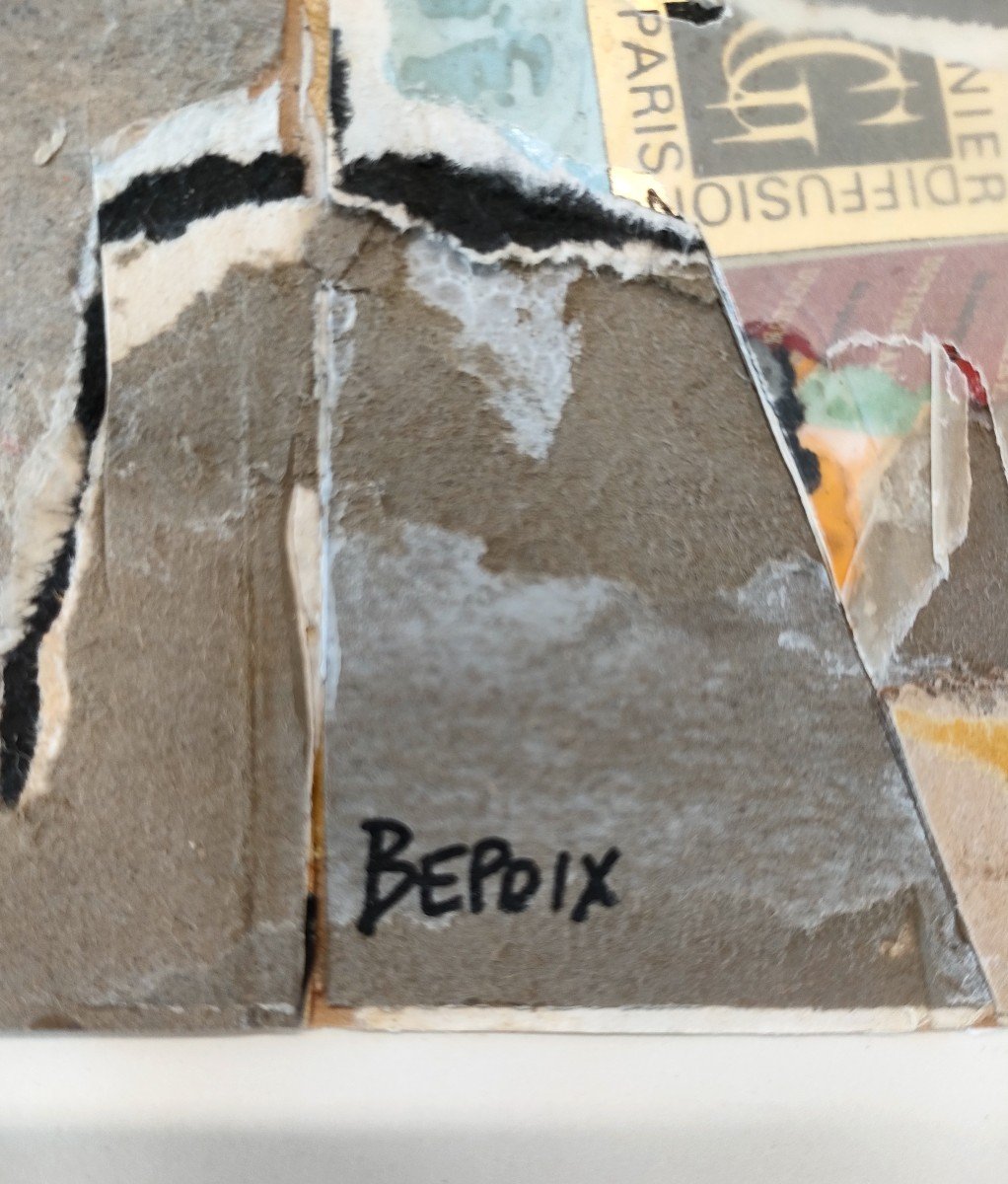 Michel Bepoix (1937-), Composition, Collage Sur Papier Signé Et Encadré Sous Verre-photo-2