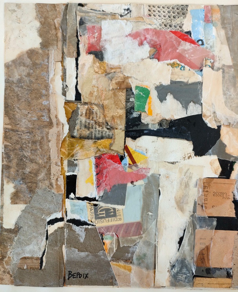 Michel Bepoix (1937-), Composition, Collage Sur Papier Signé Et Encadré Sous Verre