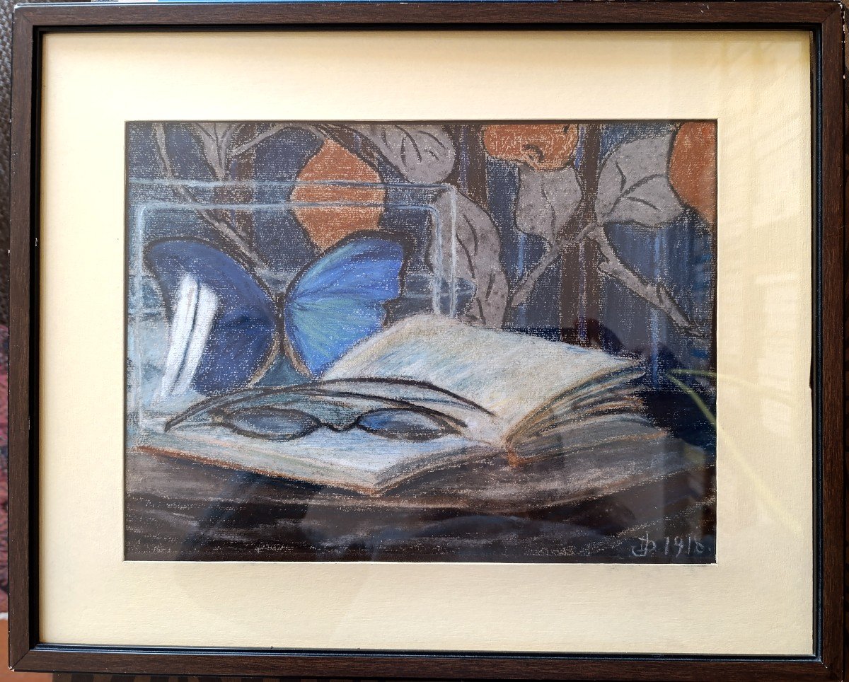 French School 20th Century, Still Life With Butterfly, Pastel On Paper, Signed Dated 1918, Framed-photo-3