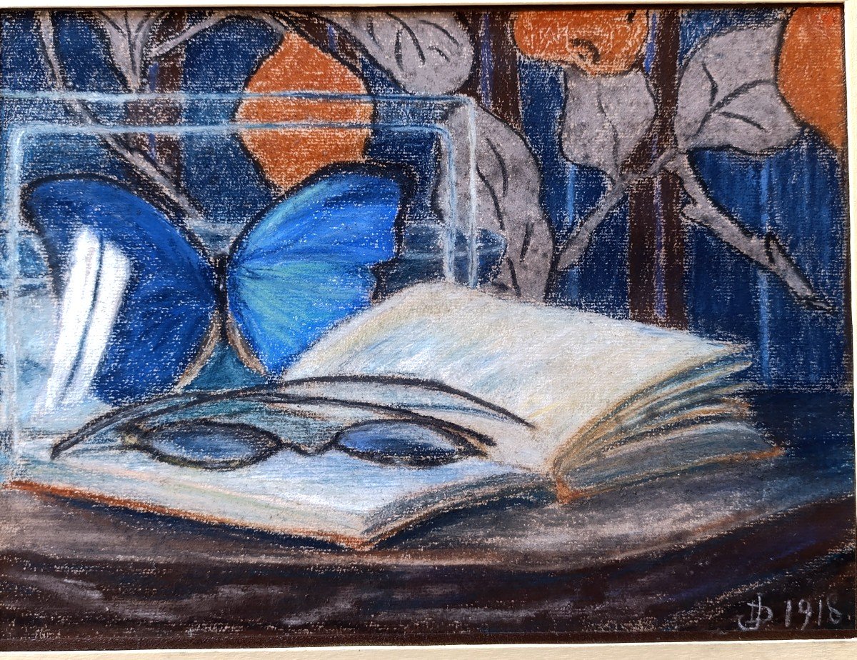 French School 20th Century, Still Life With Butterfly, Pastel On Paper, Signed Dated 1918, Framed