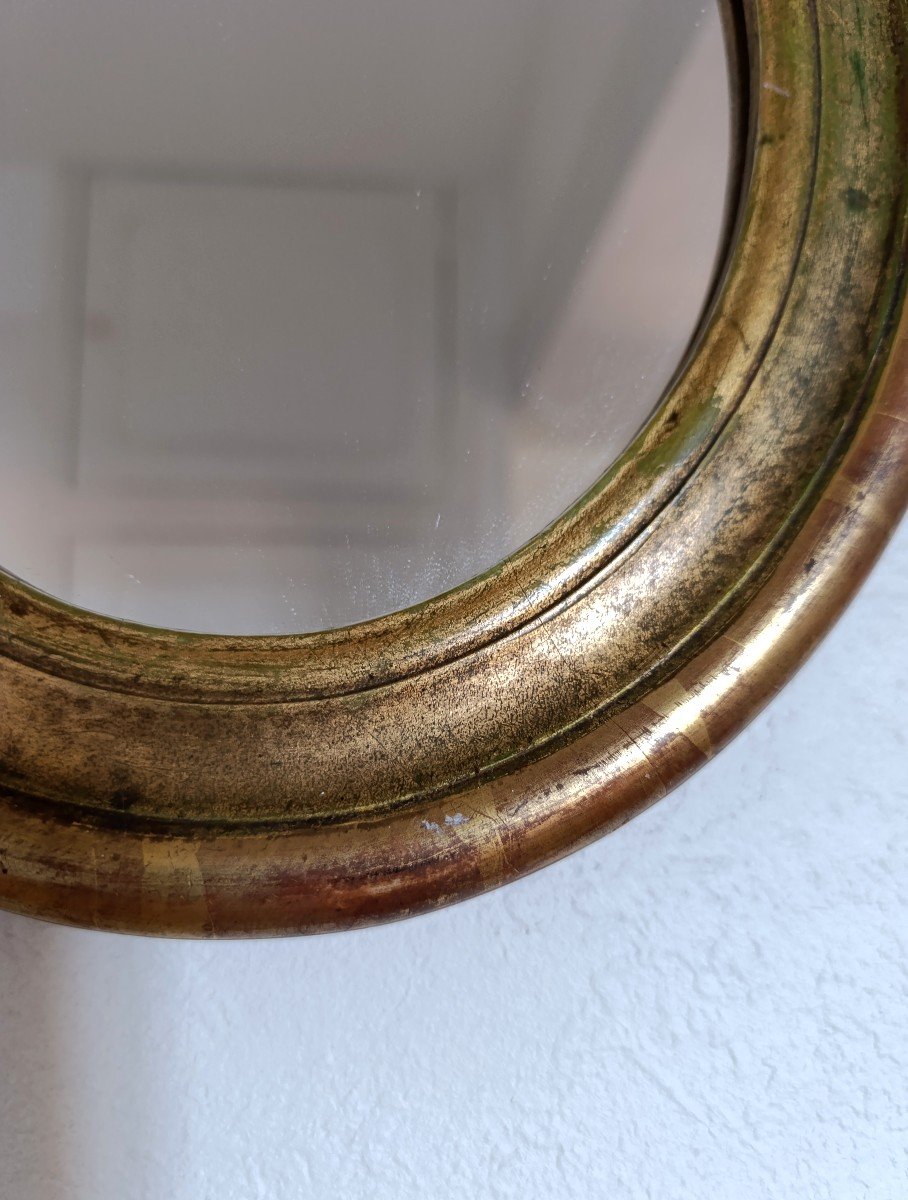 Small Oval Mirror In Gilded Wood, Late 20th Century.-photo-2