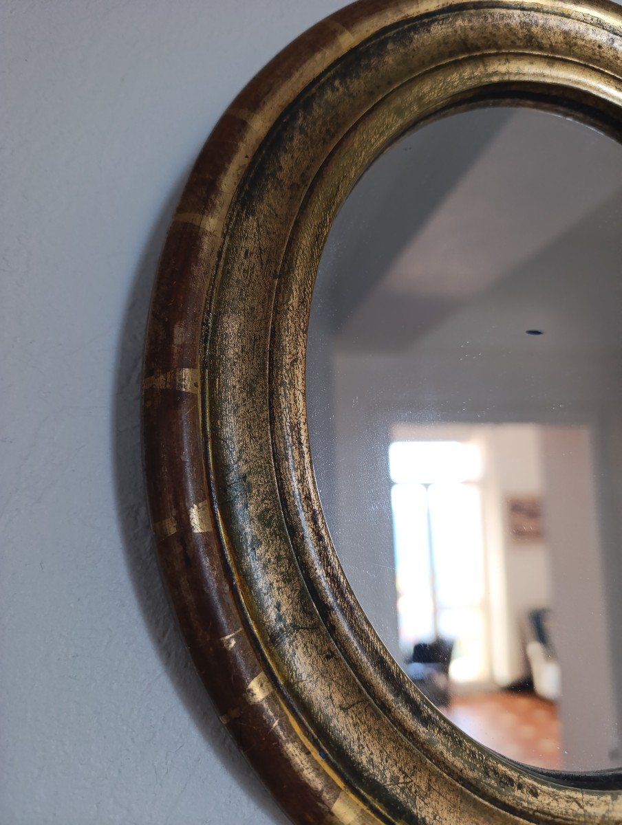 Small Oval Mirror In Gilded Wood, Late 20th Century.-photo-3