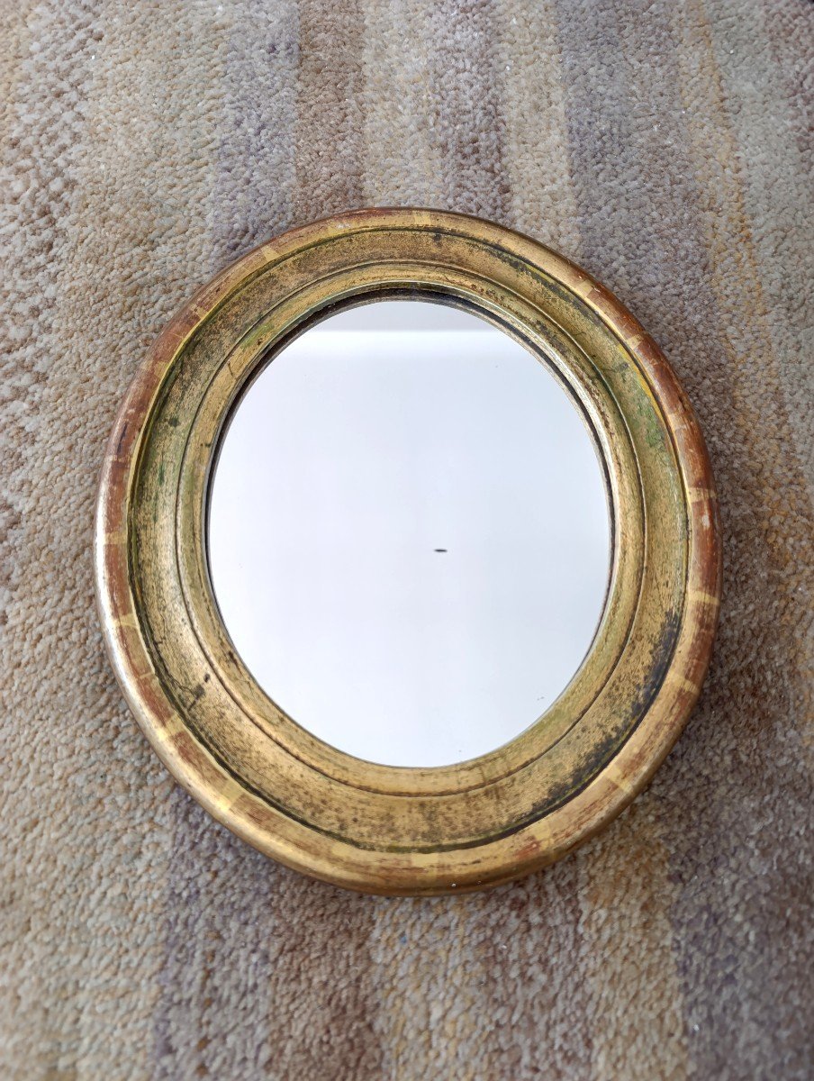 Small Oval Mirror In Gilded Wood, Late 20th Century.-photo-4