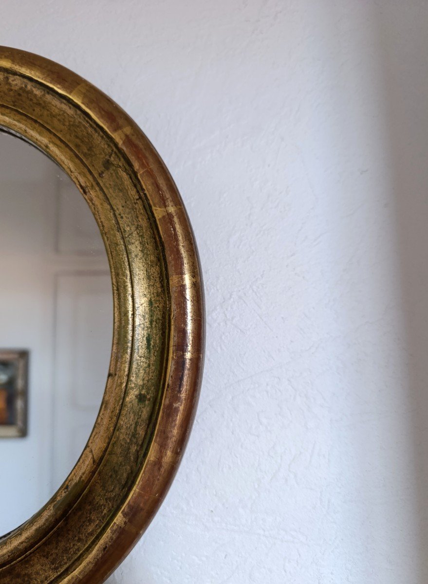 Small Oval Mirror In Gilded Wood, Late 20th Century.-photo-1