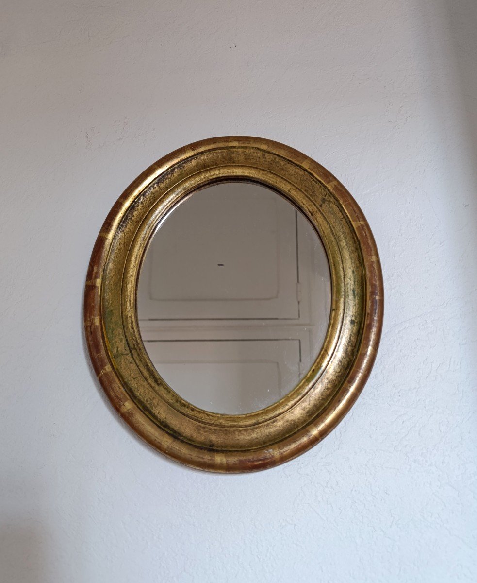 Small Oval Mirror In Gilded Wood, Late 20th Century.-photo-3