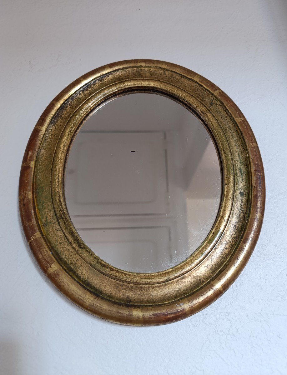 Small Oval Mirror In Gilded Wood, Late 20th Century.-photo-4