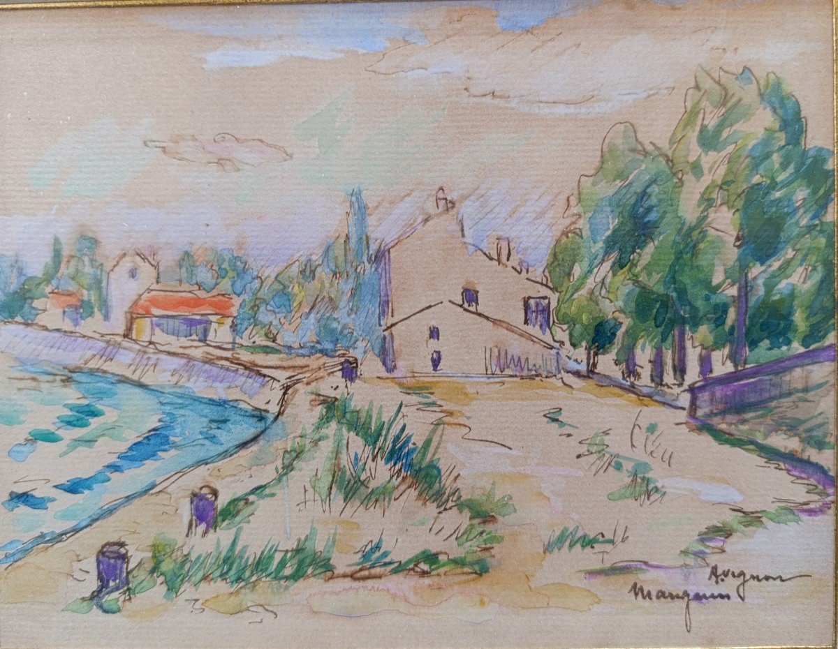 Henri Manguin (1874_1949), Canal Bank, Avignon, Watercolor And Drawing On Paper, Signed