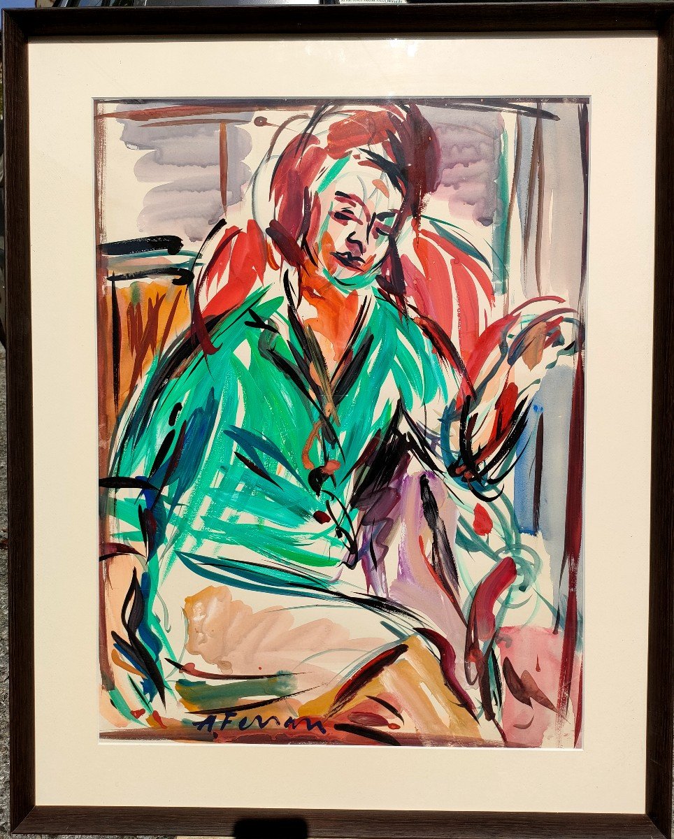 A. Ferrari (1910-1995), Portrait Of A Woman, Signed Gouache And Watercolor, Framed-photo-2