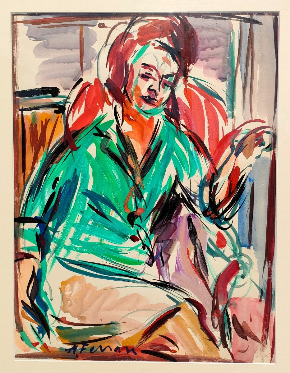 A. Ferrari (1910-1995), Portrait De Femme, Gouache Et Aquarelle Signée, Encadrée