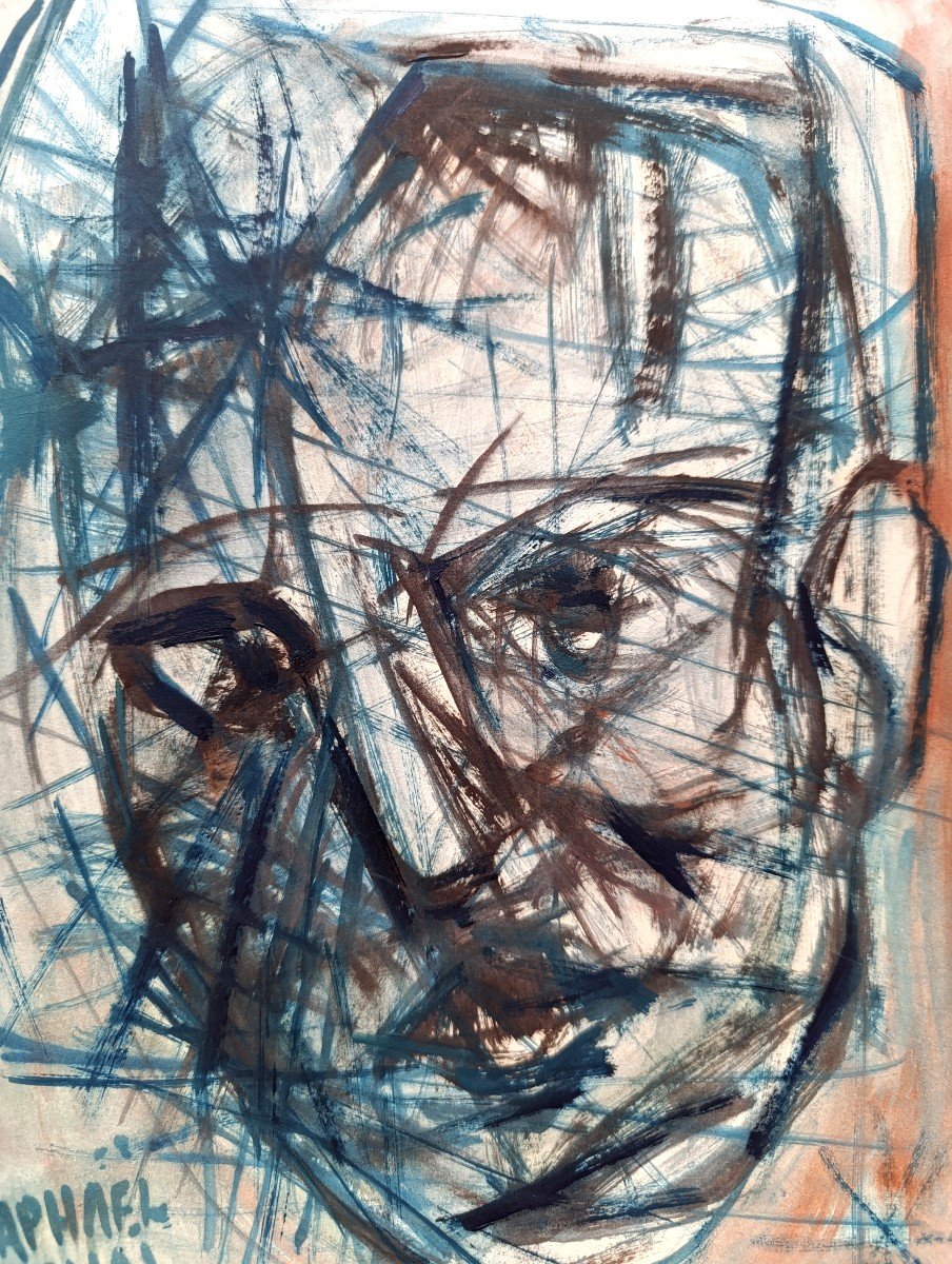 Raphael Arnal (1906-1963), Portrait d'Homme, Gouache Sur Papier, Signée, Encadrée-photo-1