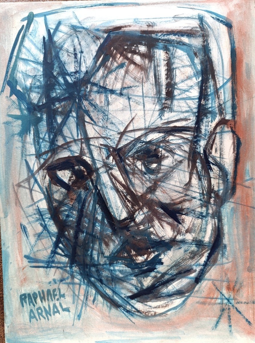 Raphael Arnal (1906-1963), Portrait d'Homme, Gouache Sur Papier, Signée, Encadrée-photo-2