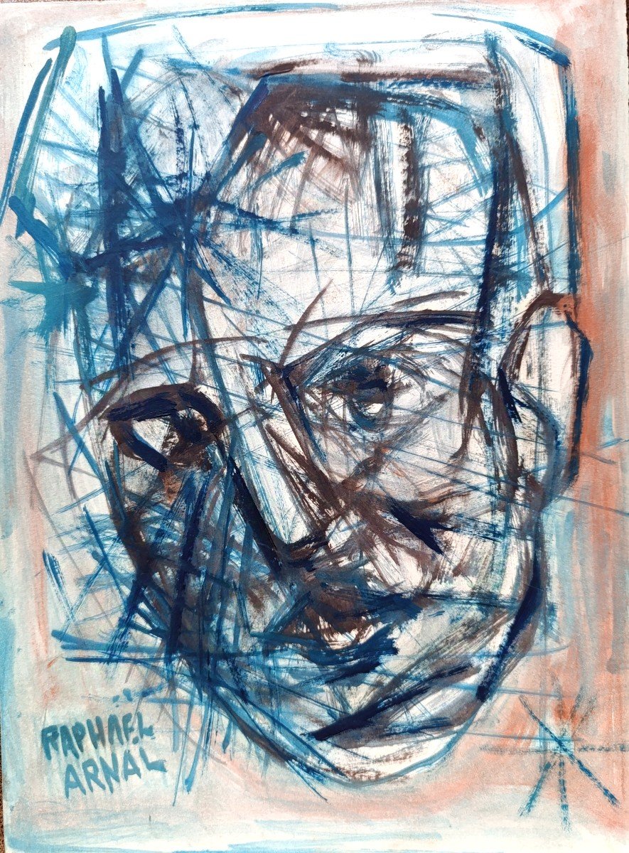 Raphael Arnal (1906-1963), Portrait d'Homme, Gouache Sur Papier, Signée, Encadrée