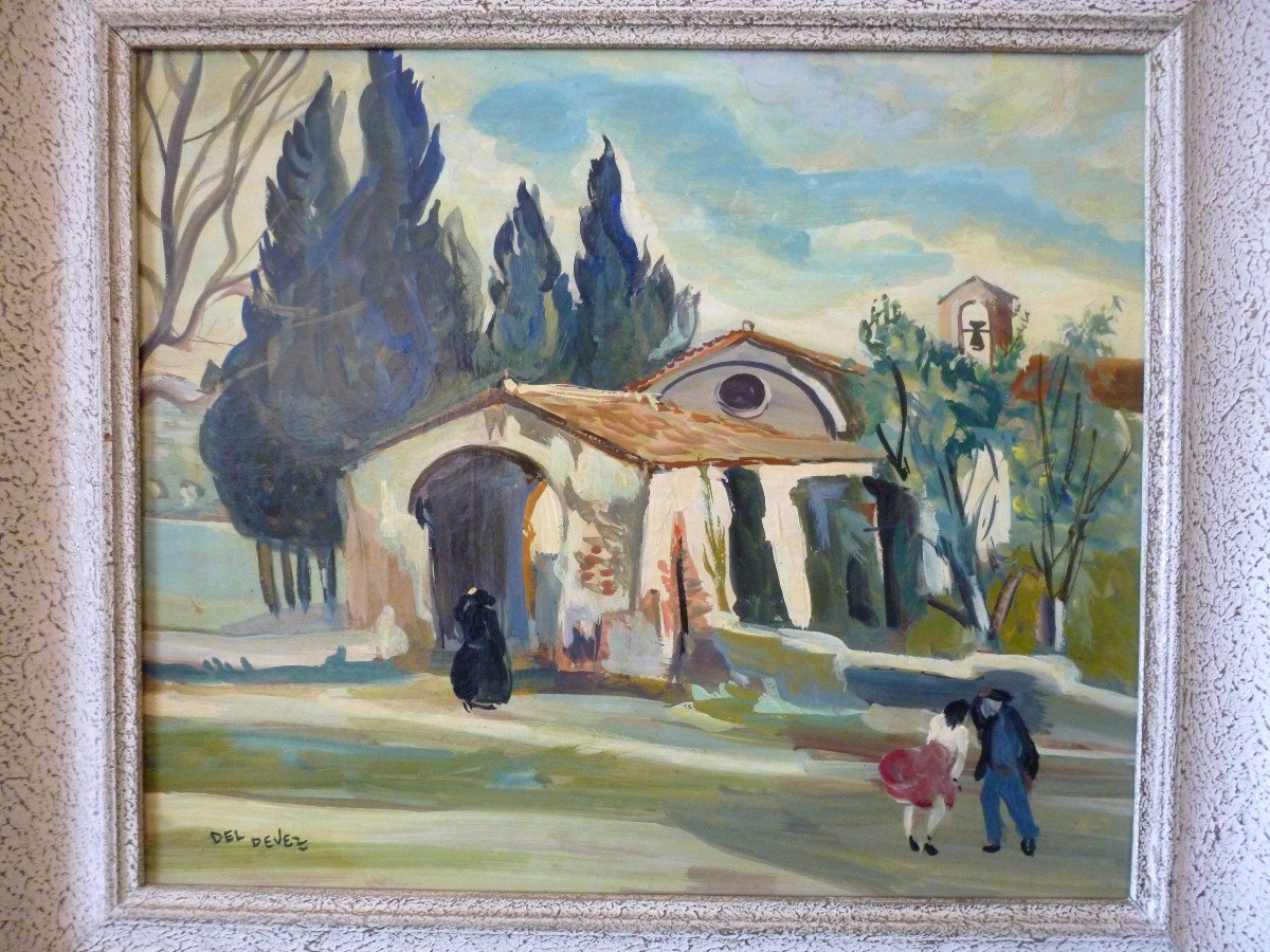 Del Devez (1906-1980), Gust Of Wind On The Chapel, Oil On Panel, Signed-photo-4