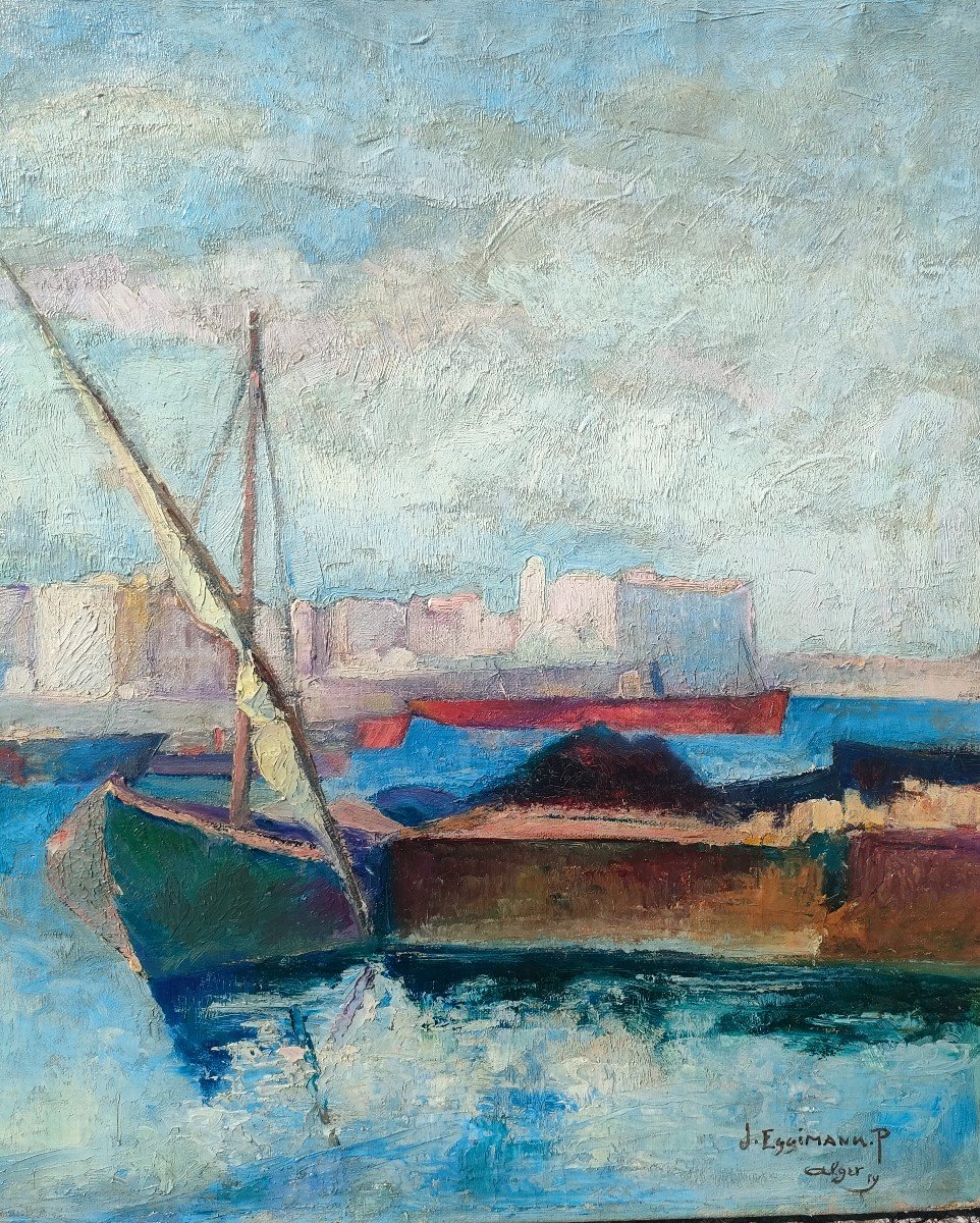 H. Eggimann (1903-1940), The Port Of Algiers, Oil On Canvas Signed, Dated 1919-photo-2