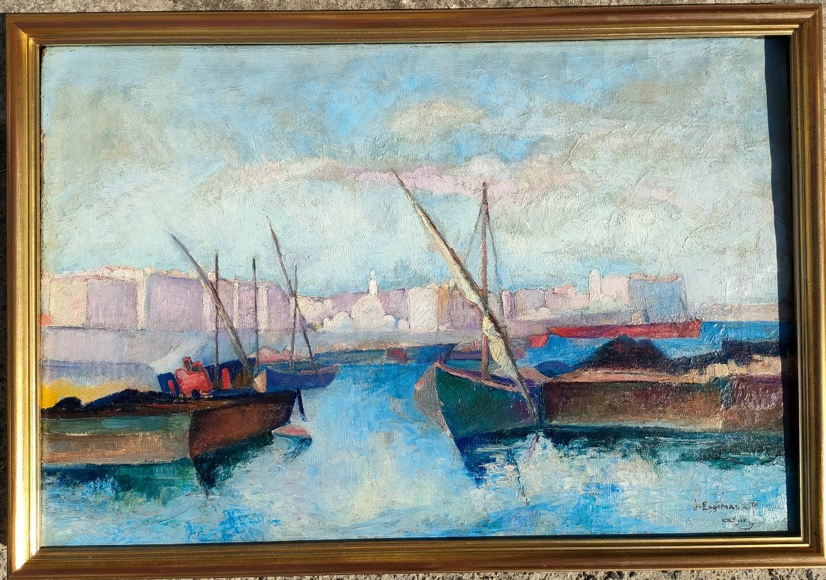 H. Eggimann (1903-1940), The Port Of Algiers, Oil On Canvas Signed, Dated 1919-photo-2