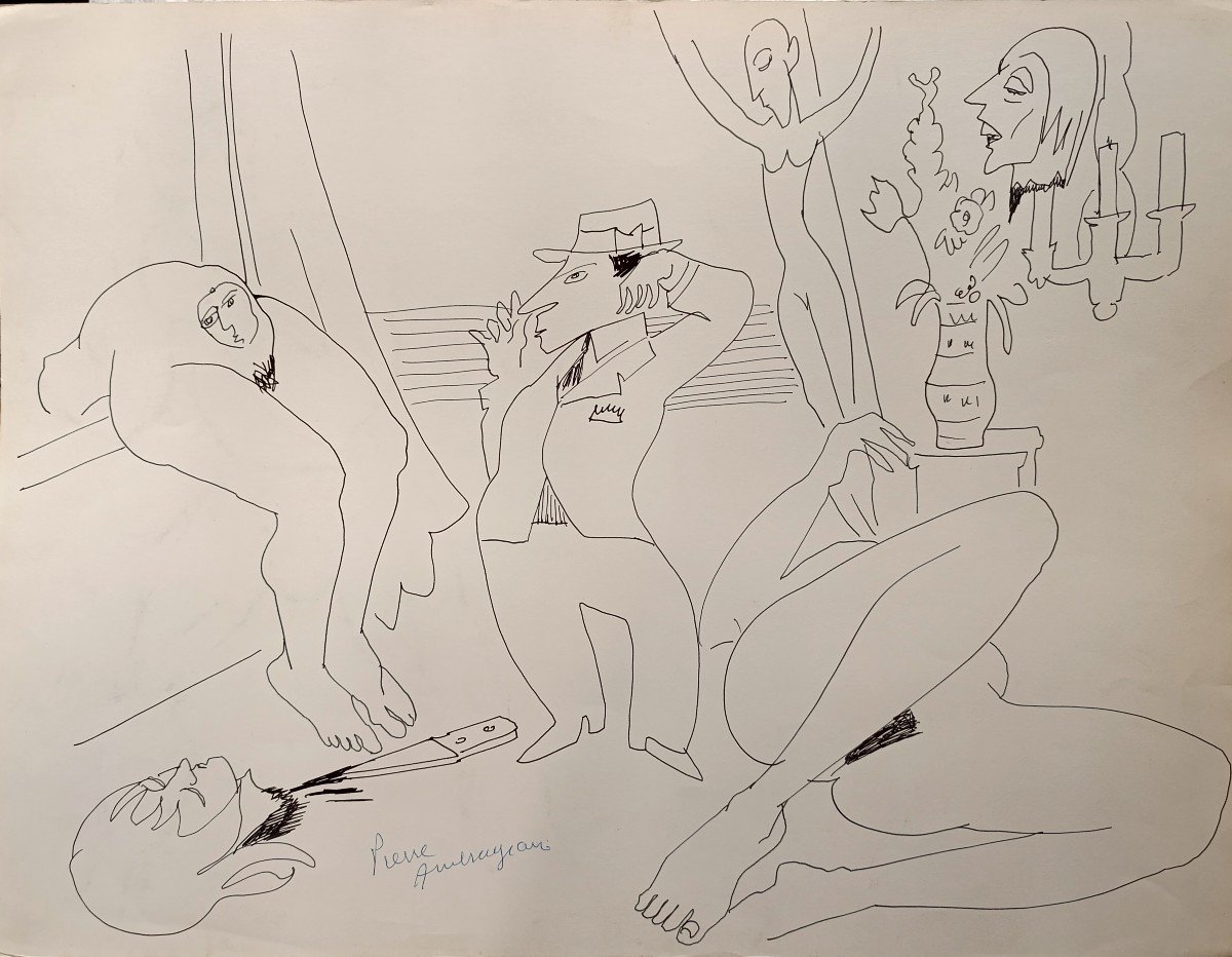 Pierre Ambrogiani (1907-1985), Satirical Drawing, Felt Pen On Paper, 