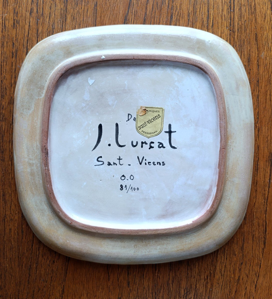 Jean Lurçat (1892-1966), Round Square Dish In Beige Ceramic Signed, Sant Vicens, N 81/100 On The Back-photo-2