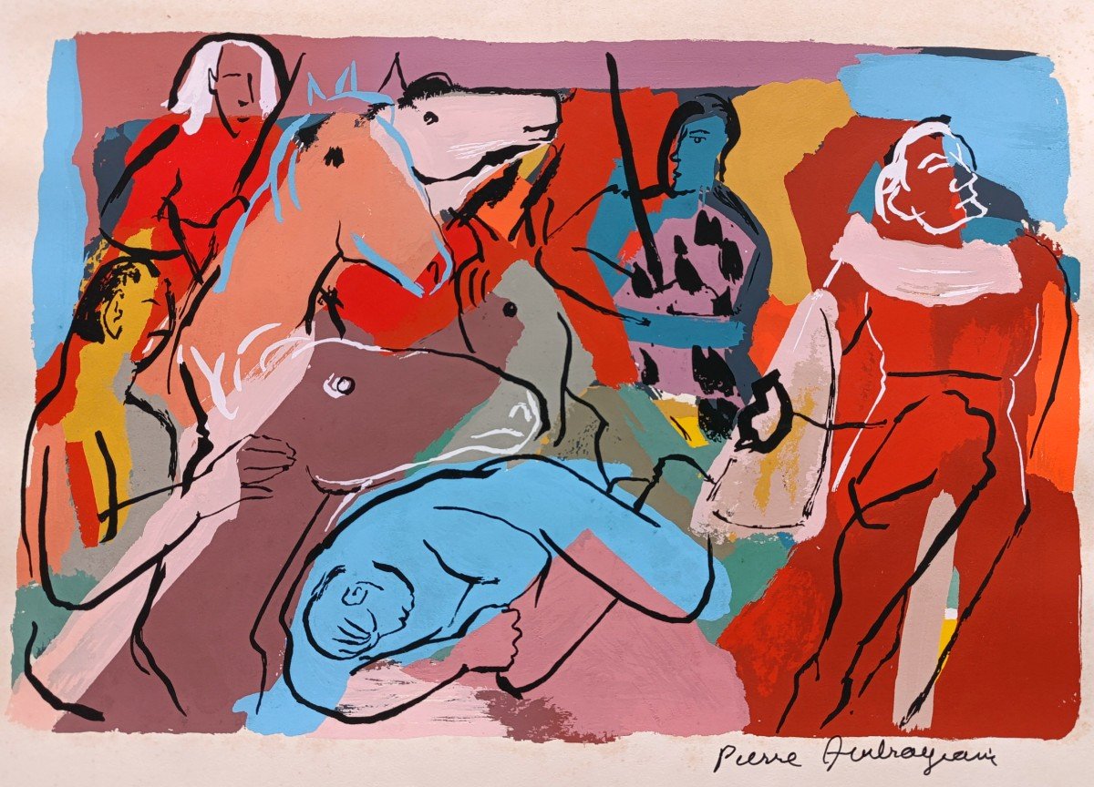 Pierre Ambrogiani (1907-1985), Les cavaliers, Pochoir à La Gouache Sur Papier, Signé 